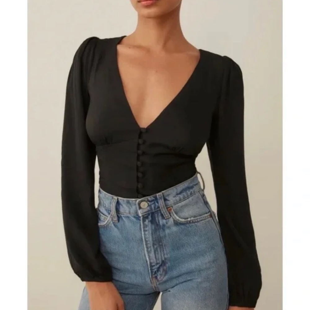 Reformation Black Long Sleeve V Neck Nell Top